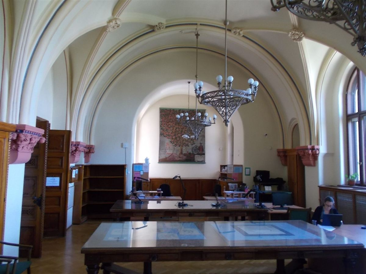 A quiet library reading room